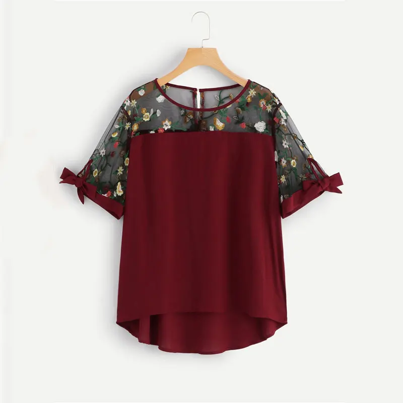 Dotfashion плюс контрастная сетчатая Цветочная вышитая блузка Лето Boho узел Женские топы и блузки женские топы с коротким рукавом