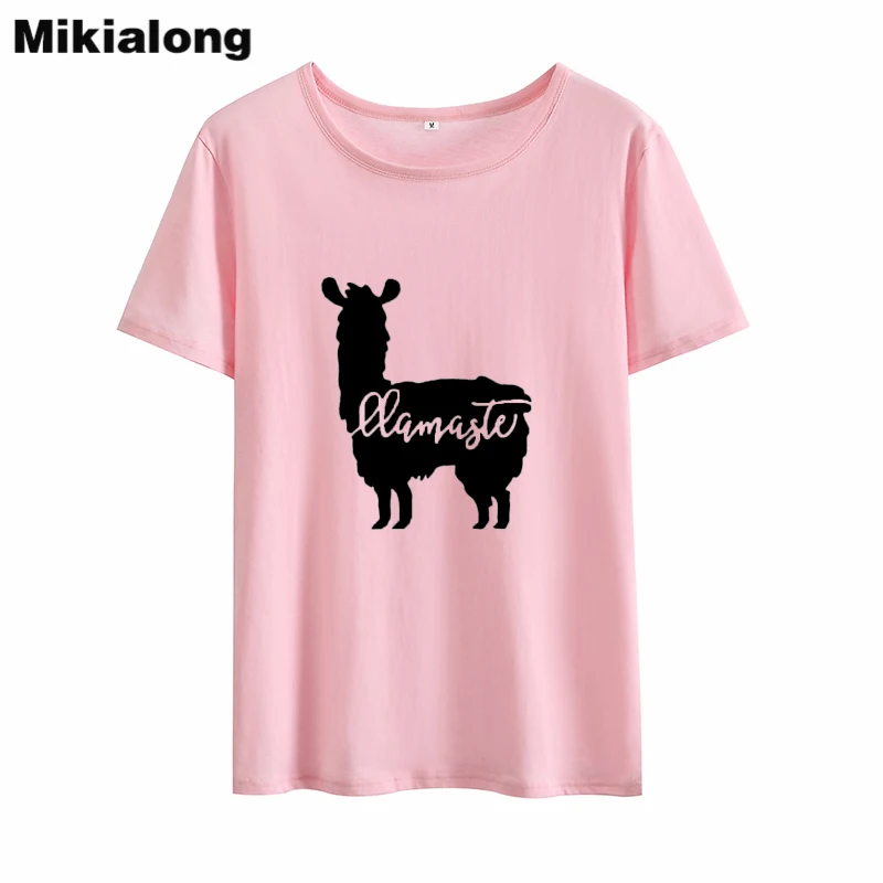 Mikialong, мультяшная футболка Llamaste, альпака, графическая футболка, Femme, короткий рукав, свободная женская футболка, топ, черная, белая, хлопковая футболка - Цвет: pink