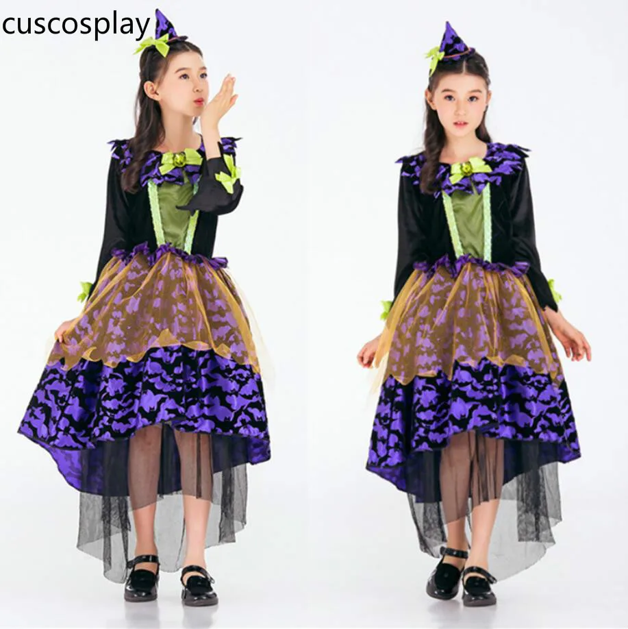 

Movie Cinderella Cosplay Princess Skirt Witch Costume Summer Dresses for Cute Kids Girl Halloween Party Outfit with Head Wear