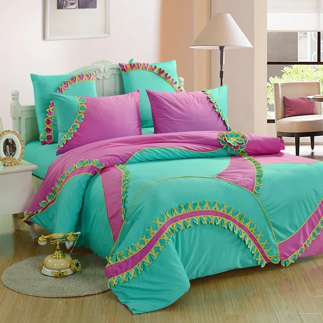 luxury 6pcs bedding set queen bed set 3d handmade trimmed flower handmade bed sheets