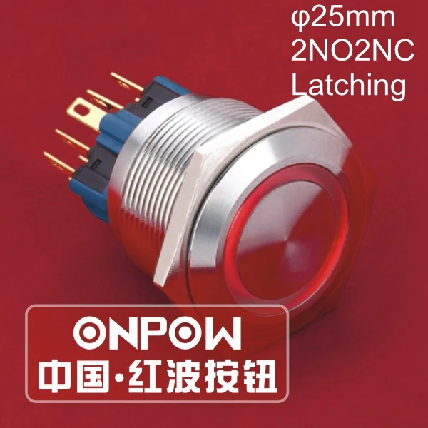 

ONPOW 25mm 2NO2NC Latching LED ring illuminated Waterproof IP65 Stainless steel Push button switch (GQ25-22ZE/R/12V/S) CE, ROHS