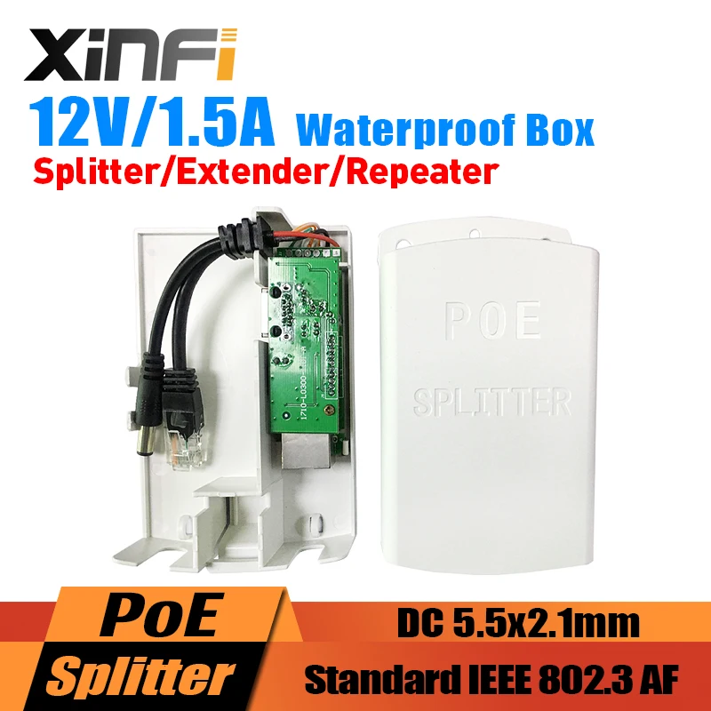 

XINFI 48V To 12V1.5A PoE Splitter/Extender/Repeater IEEE802.3AF For IP Camera/AP Cascading Mode With Waterproof Box