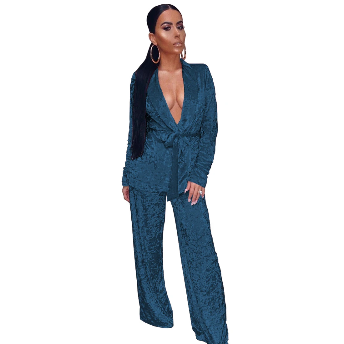 

Elegant Belted Velvet Two Piece Set Pyjamas Women Autumn Winter Warm Sleepwear Vintage Solid Color Sexy V Neck Nightwear