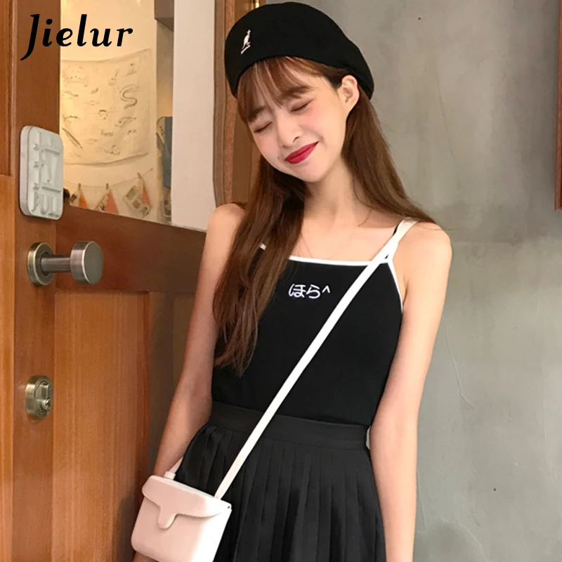 Jielur Harajuku Топ женский Вышивка Модный сексуальный топ женщина летние майки Женский Короткий эластичный Топ на бретелях черный белый