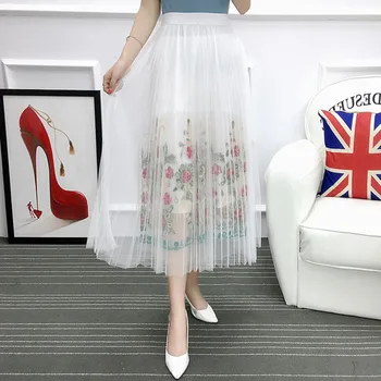 

Women Fashion Vintage Long Skirts Black White Floral Mesh Embroidery Saia A Line Faldas Summer Bohemian Midi Skirt