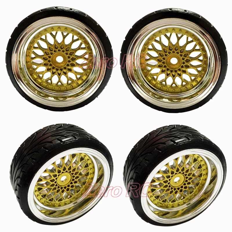 4PCS RC Hard Pattern Drift Tires Tyre Wheel Rim 6mm Offset Chrome