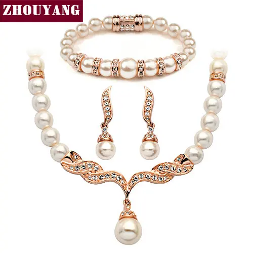 

ZHOUYANG Top Quality ZYS173 Imitation Pearl Rose Gold Color Elegant Wedding Jewelry Set Made with Austrian Crystals