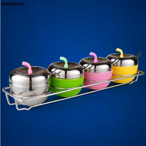 

Kitchen Stainless Steel Apple Condiment Dispenser Colorful Kitchen Condiment Bottles Sugar Salt Butter Oil Spices Container
