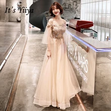Платья Выпускного Вечера Лодка Шеи It's Yiiya, Длинные A-Line Длина Пола Аппликации, Плюс размер Индивидуальные, Шампанское Тюль, Платья Выпускного Вечера, E426,Лето