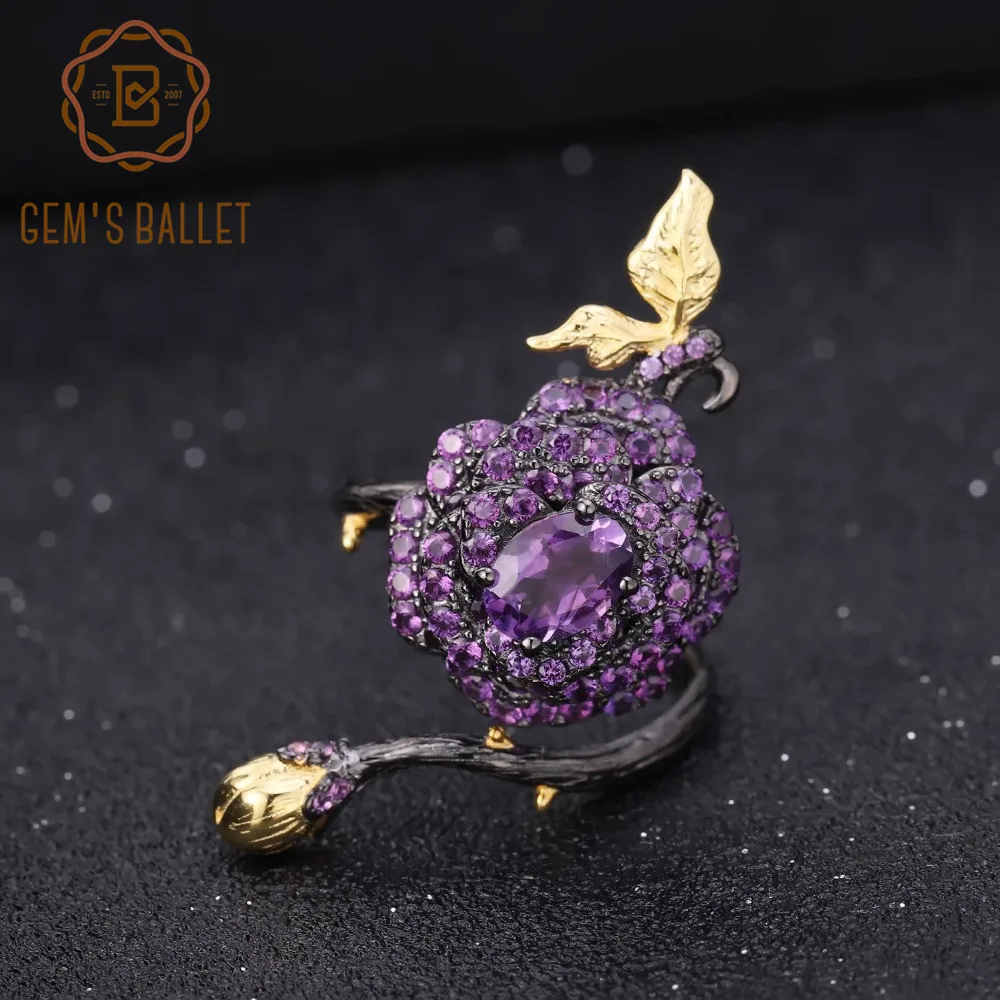 

GEM'S BALLET 0.81Ct Natural Amethyst Real 925 Sterling Silver Rose Flower Open Rings Handmade Adjustable Ring for Women Wedding