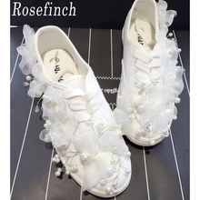 Белые туфли для невесты свадебные туфли с жемчугом и Туфли без каблуков персонализированные пользовательские холст Стразы бусины Спортивная повседневная обувь WK114