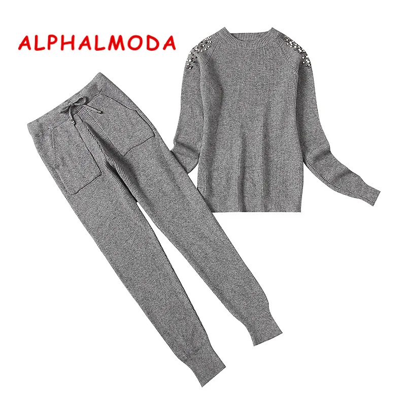 ALPHALMODA 2018 зимний женский свитер с открытыми плечами и бисером комплект из 2