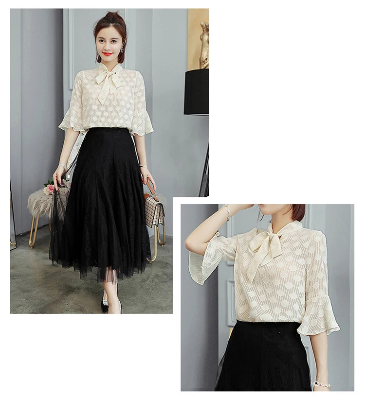 Trumpet Cuff Half Sleeve Bow Neckline Elegant Blouse Black Gauze Skirt Women 2 Piece Set Suit Summer Spring (3)
