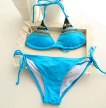 

Blue halter push up 2016 bikinis with colorful beads swimsuit sexy bathing suit maillot de bain biquin swimdress beach dress