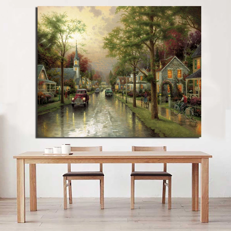 

Hometown MorningThomas Kinkade Canvas Painting Posters Prints Marble Wall Art Painting Decorative Picture Modern Home Decoration
