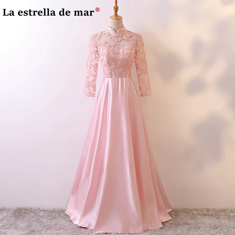 Vestidos de festa vestido longo para casamento, кружевное платье с длинными рукавами, ТРАПЕЦИЕВИДНОЕ розовое мусульманское платье подружки невесты