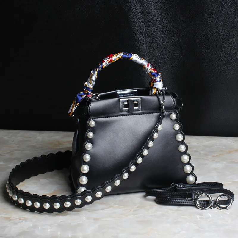 

Elegant pearl decoration Genuine Leather bags handbags women famous brands Snap closure double shoulder strap messenger bag
