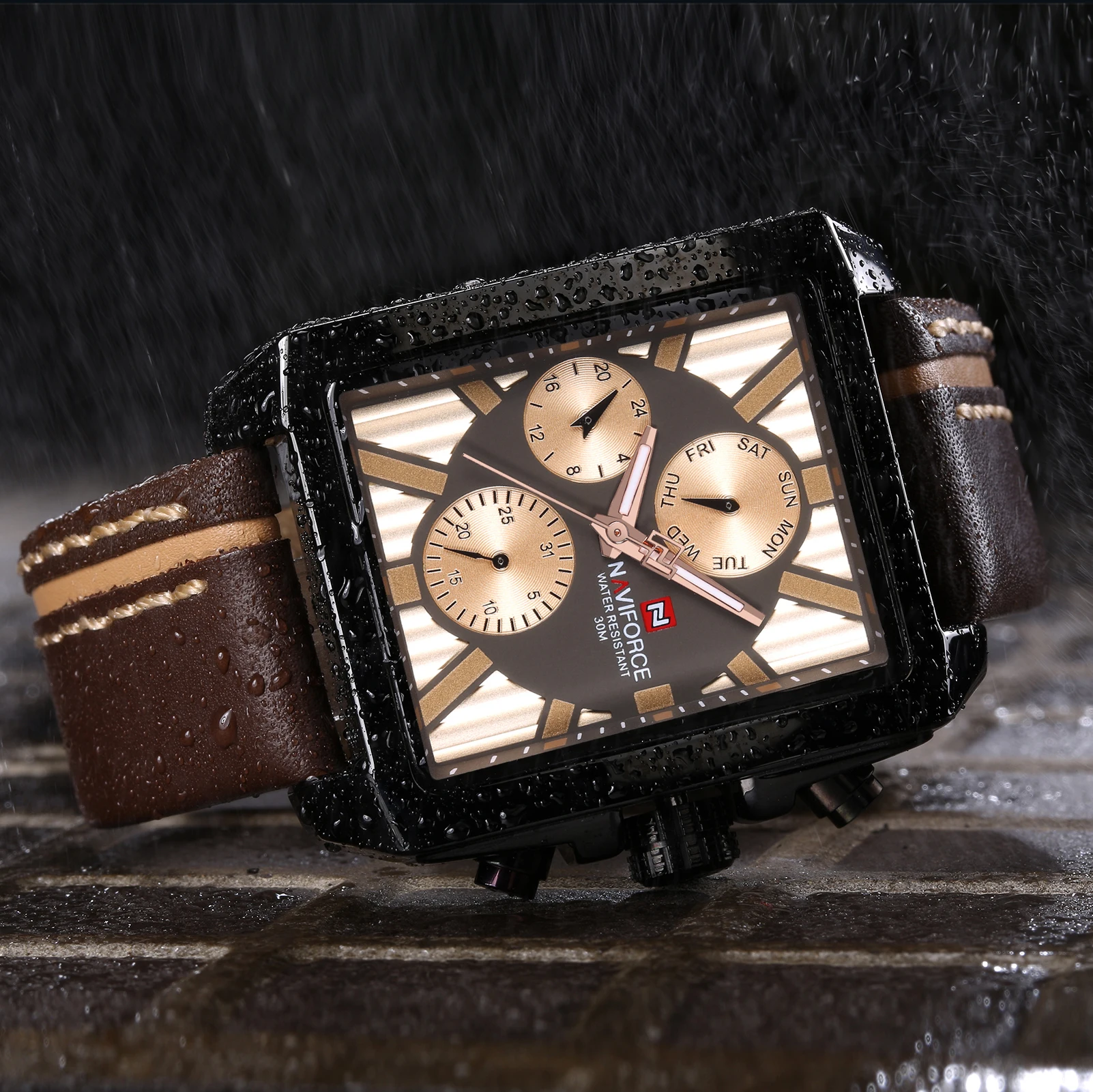 

NAVIFORCE Luxury Brand New Fashion Men Sports Watches Quartz Chronograph Watch Brown Leather Strap Waterproof Square Male Clock