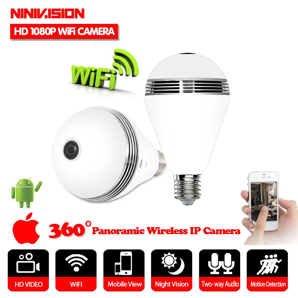 Ninvion WI-FI IP Камера домашней безопасности 1080 P Fisheye 360 градусов панорамный P2P телефон лампочка с дистанционным управлением Свет беспроводная камера видеонаблюдения