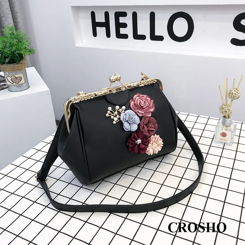 

CROSHO Handbag Lady Bag Three-dimensional Flower Pearl Cross-body Bag Clip Shoulder Bag Large-capacity Cheongsam Bag Shell
