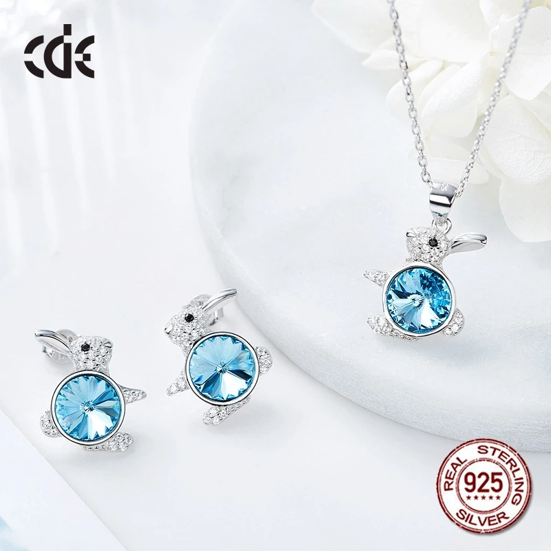 

100% S925 Sterling Silver Rhinestone Crystals from Swarovski Rabbit Pendant Necklace Drop Earrings Set for Women 2018 Statement