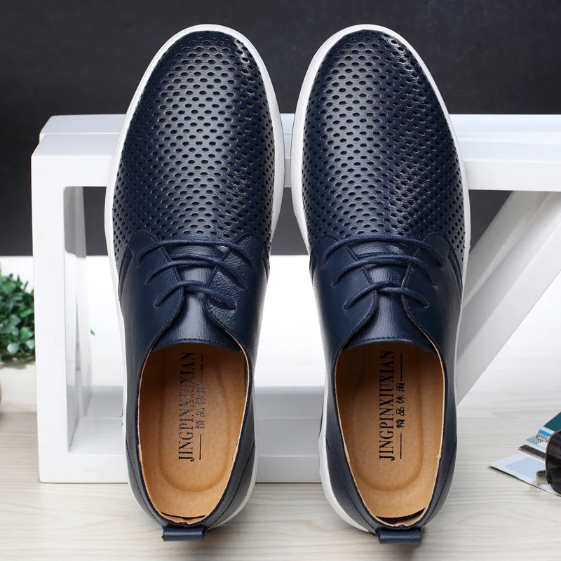 Spring Summer high quality leather men's casual shoes Large 49 flat shoes men's dress leather shoes perforated hollow breathable