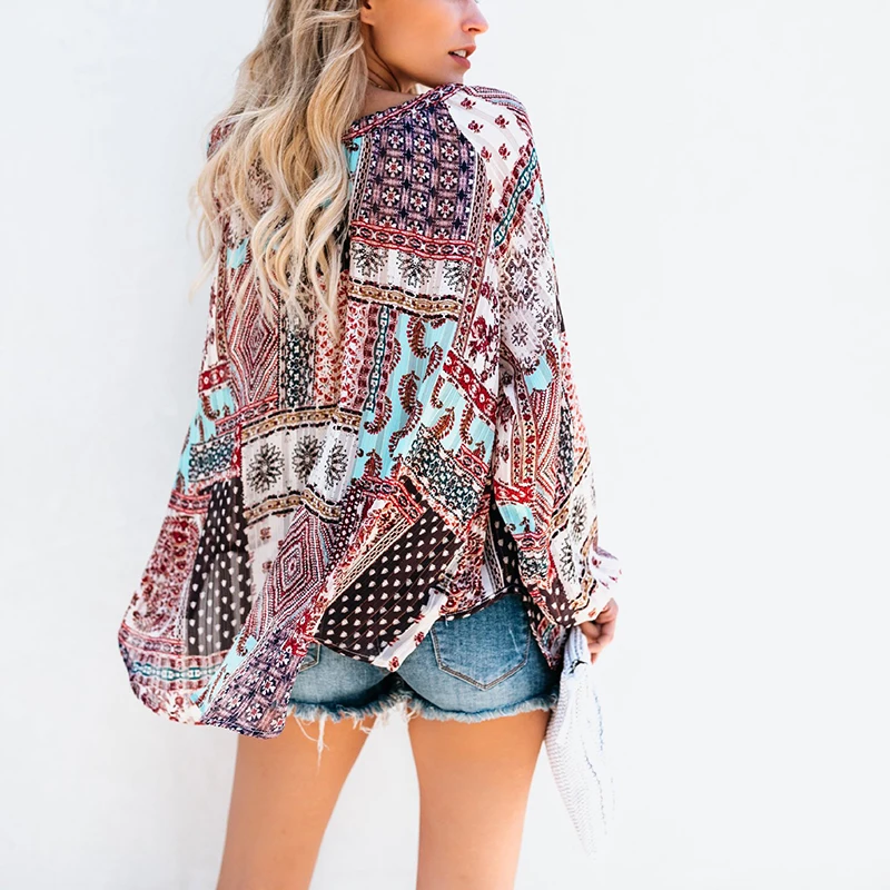 Women Floral Loose Chiffon Blouse Vintage Kimono Cardigan Boho Chiffon Coat Women Short Sleeve Printed Shirts