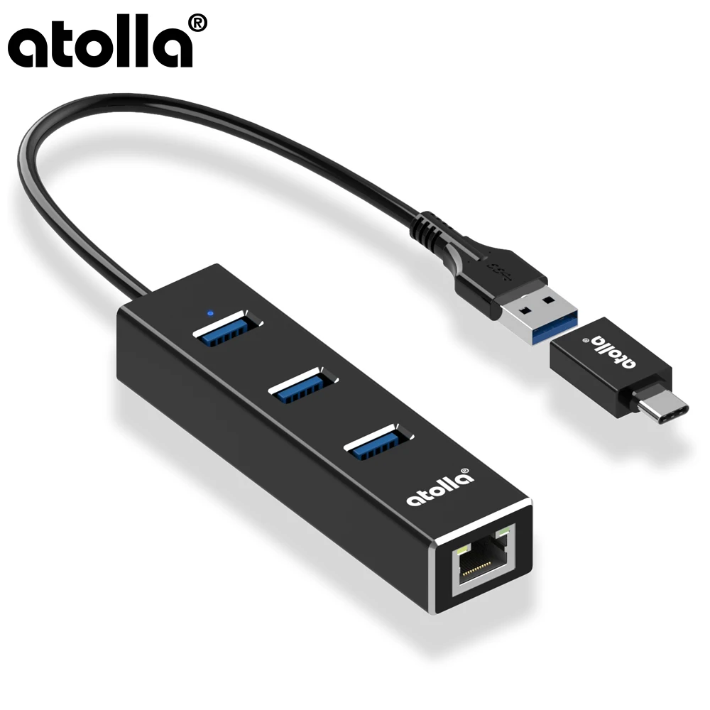 Atolla USB 3,0 Hub Ethernet с USB C сетевой адаптер переменного тока, 3 Порты и разъёмы USB разветвитель Gigabit Ethernet концентратор для Macbook, Mac Pro/mini, iMac