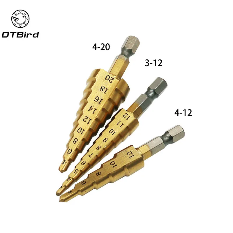 3 шт. Hss Стальные титановые ступенчатые сверла 3-12 мм 4-12 мм 4-20 мм шаг конус режущие инструменты сталь Деревообработка Сверление дерева набор - Цвет: 3pcs
