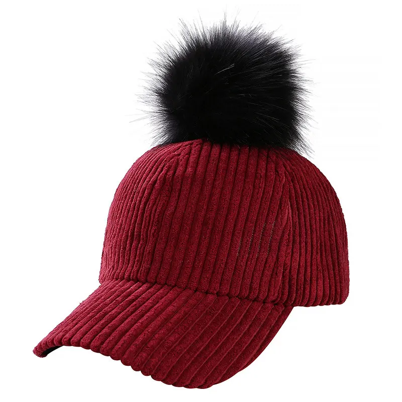 Buy Women's faux fur pom pom striped corduroy baseball