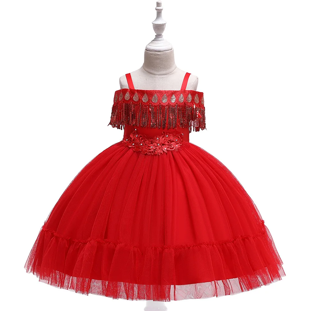 

Grils party dress red Beading kids costume children wedding graduation gown Christmas gift vestido rojo de festa infantil menina