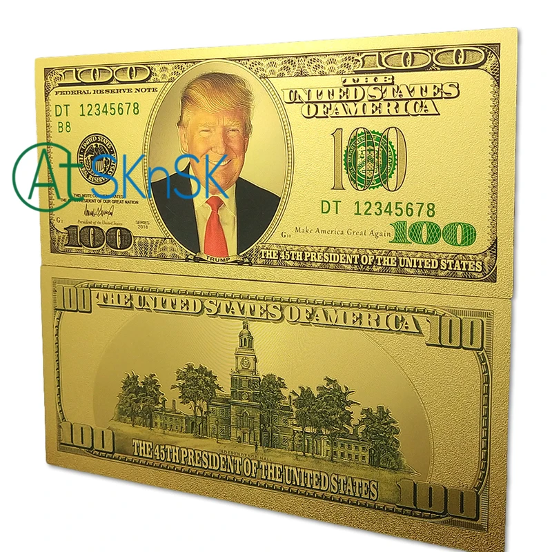 

New Arrival 10pcs/lot The 45th President of the United States America Donald Trump $100 Bill Plated Gold Plastic Bank Note Money