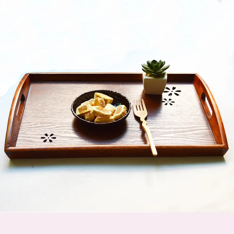 

Japan style Solid Wooden Pallet with Handle Serving Tray with Hollow Follow Rectangular For Home/Hotel/Dinner