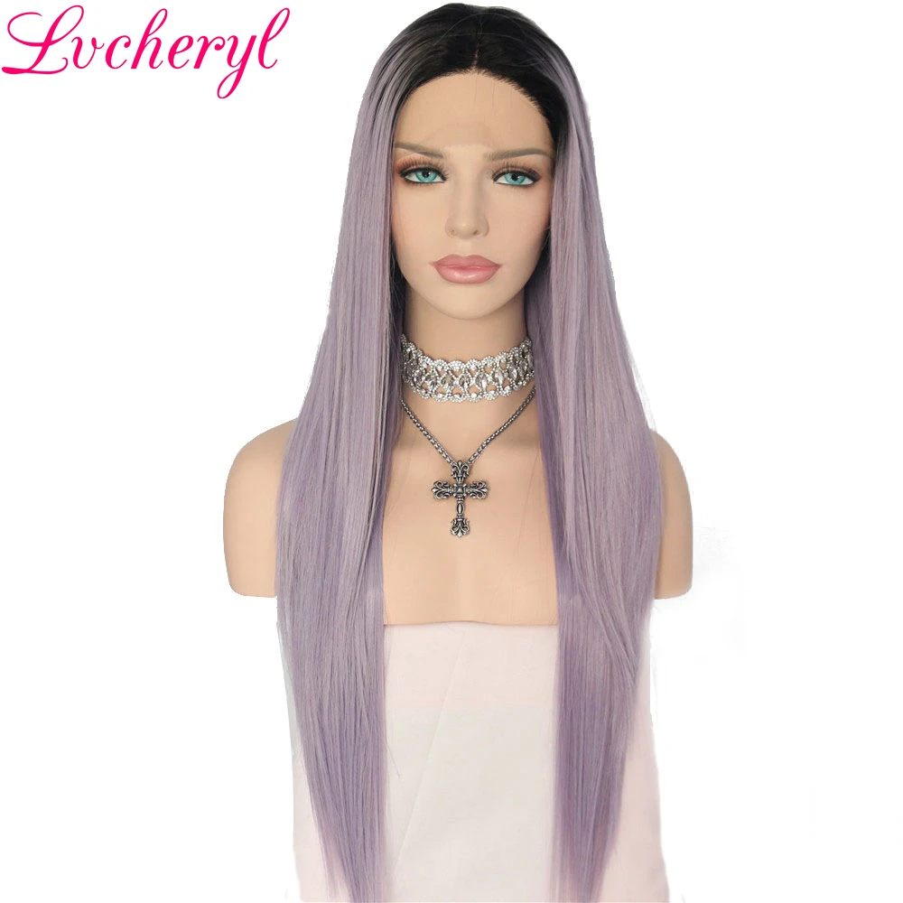 Lvcheryl длинные прямые черные и светло фиолетовые волосы с высокой температурой
