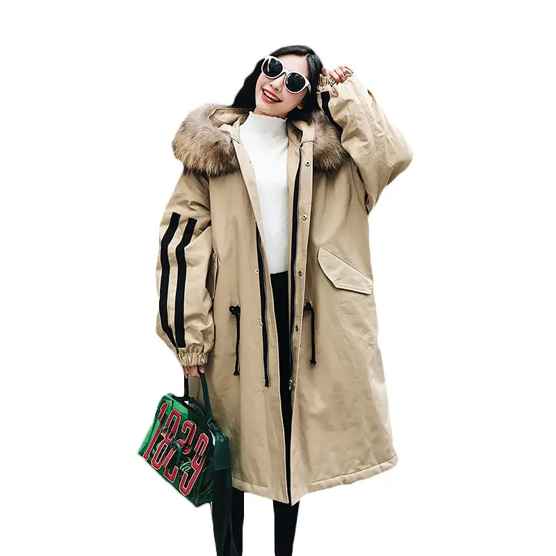 

2018 Winter Jacket Women New Big Fur Collar Padded Cotton Long Down Cotton Outwear Female Hooded Loose Casual Thick Parkas LQ414