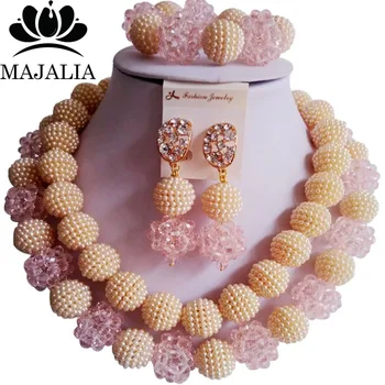 

Majalia Fashion Nigeria Wedding African Jewelry Set Champagne and Pink Crystal Plastic Pearl Necklace Bride Jewelry Sets 2CY013