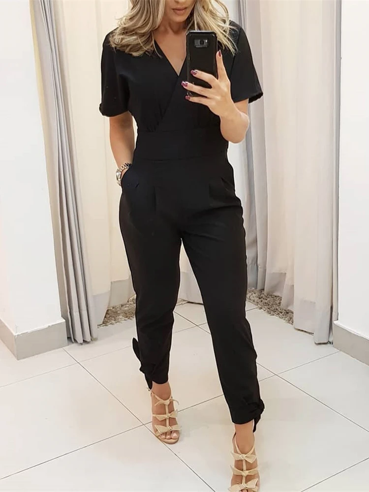 Günstige 2019 sommer Neue Elegante 3 Farben Solide Arbeit Tragen Lässige Body Damen Freizeit Overalls V ausschnitt Kurzarm Gebunden Detail overall