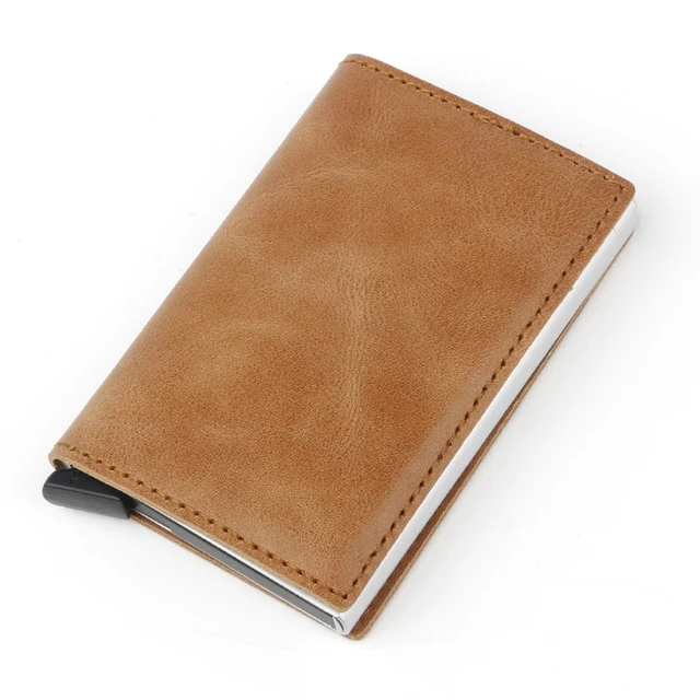 

Fashion Men Rfid Blocking Business Card Holder Card Metal Aluminium Card Protector Crazy Horse Leather Automatic Pop Up Wallet