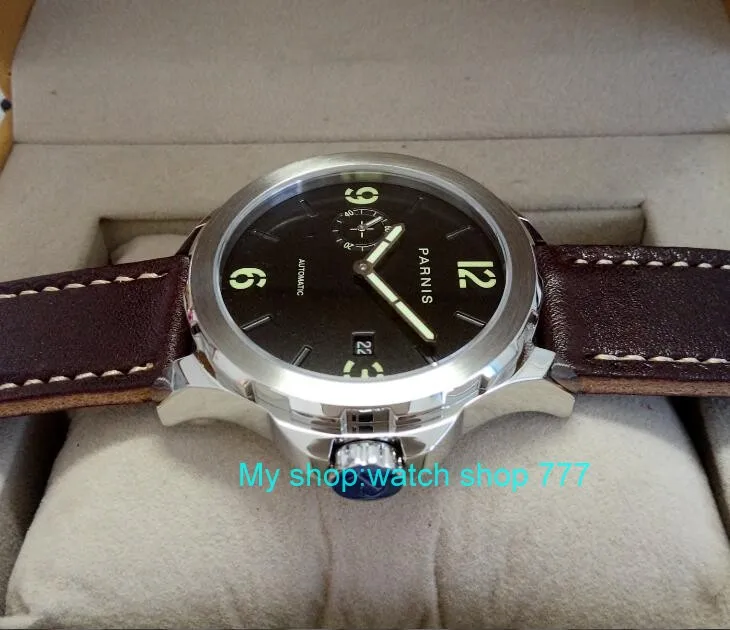 Сапфировое стекло Парнис 44mm черный циферблат ST25 автоматический self-ветер движение Мужские часы световой 5Bar механические часы 43sk