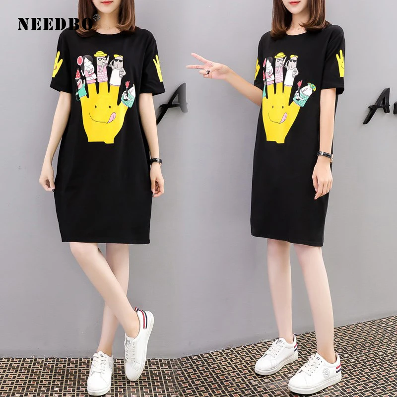 

NEEDBO Tee Shirt Femme Unique Top T Shirt Women Cartoon Big Size Printed Cartoon Short Sleeve Casual Long T shirt Dress Oversize