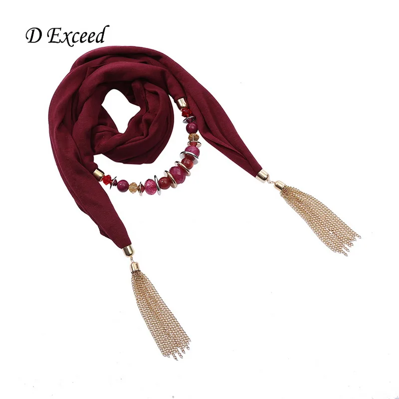 7 Colors Solid Claret Beaded Cotton Pendant Scarf Necklace Women