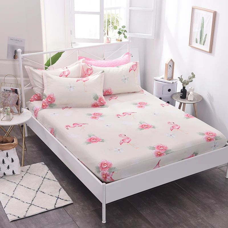 

Pink Flamingo Pattern 3pcs Cotton Fitted Sheet Stripe Mattress Cover Four Corners With Elastic Band Bed Sheet Pillowcase 6 Size