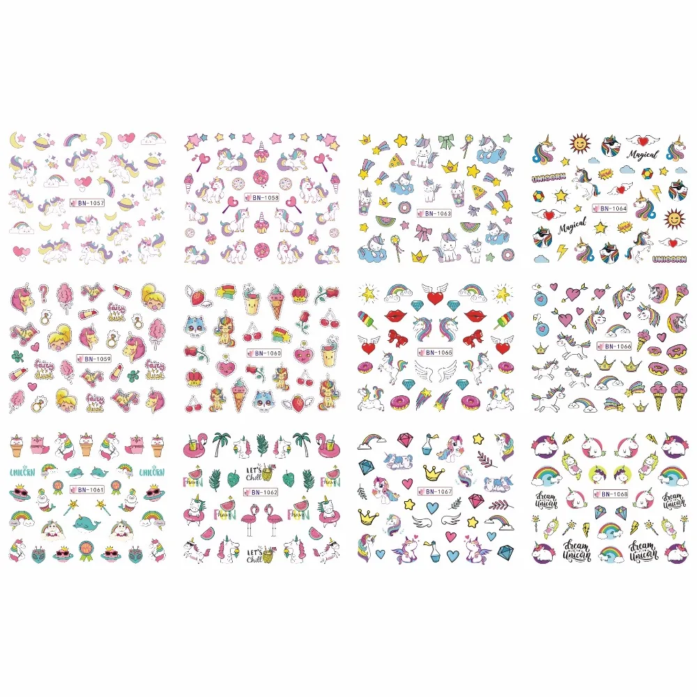 

12 PACK/ LOT WATER DECAL NAIL ART NAIL STICKER FULL COVER CARTOON FLYING HORSE UNICORN TIE HEART PALM TREE BN1057-1068