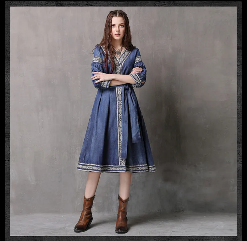 Vintage  V-Neck Summer Sashes Dress 2018 Embroidery New Denim Vestidos A-line Half Sleeve Belted Women Dresses Vestido Female (10)