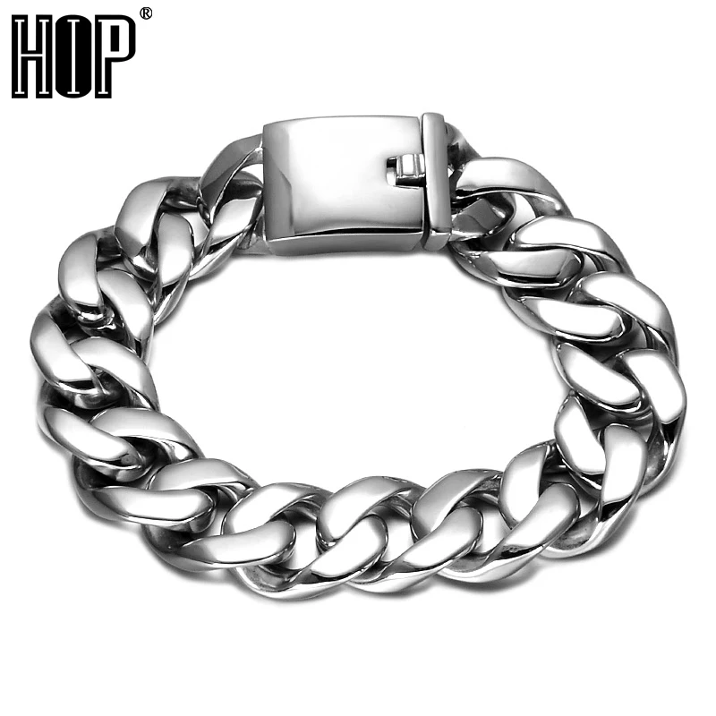Хип 17 мм широкий тяжелый рок мужские браслеты Байкер 316L браслет из нержавеющей стали кубинские звенья цепи браслет для мужчин ювелирные изделия