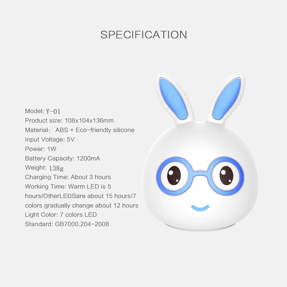 7 Colors LED Night Light Silicone Cute Cartoon Rabbit Rechargeable Decor Table Lamp Holiday Ambient Light for Girl Children Gift (23)