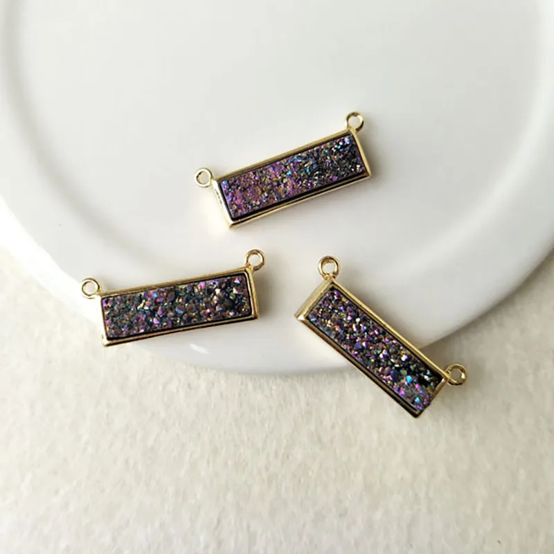 5pcs Gold Plated Slim Rectangle Agate Druzy Bar Geode Pendant Connector