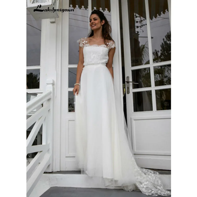 

Beach Wedding Dress With Cap Sleeve ivory Bride Dress A-line Open Back vestidos de noiva
