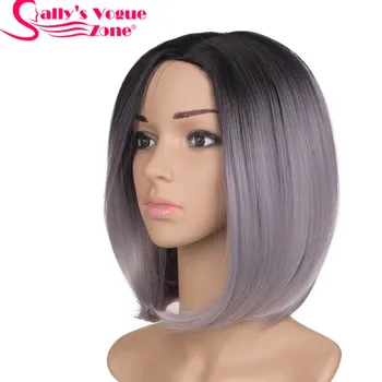 

Sallyhair High Temperature Synthetic Straight Short Ombre Black Light Gray Grandma Grey Color Bob Wigs Hair For Black Women