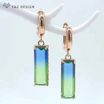 

S&Z New Square Tourmaline Zircon Long Drop Earrings 585 Rose Gold White Earring Women Fashion Wedding Party Fine Cute Jewelry